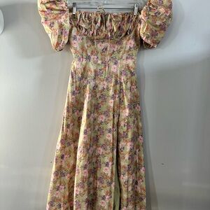 House of CB Yellow and Pink Smocked Sundress with Puff Sleeves